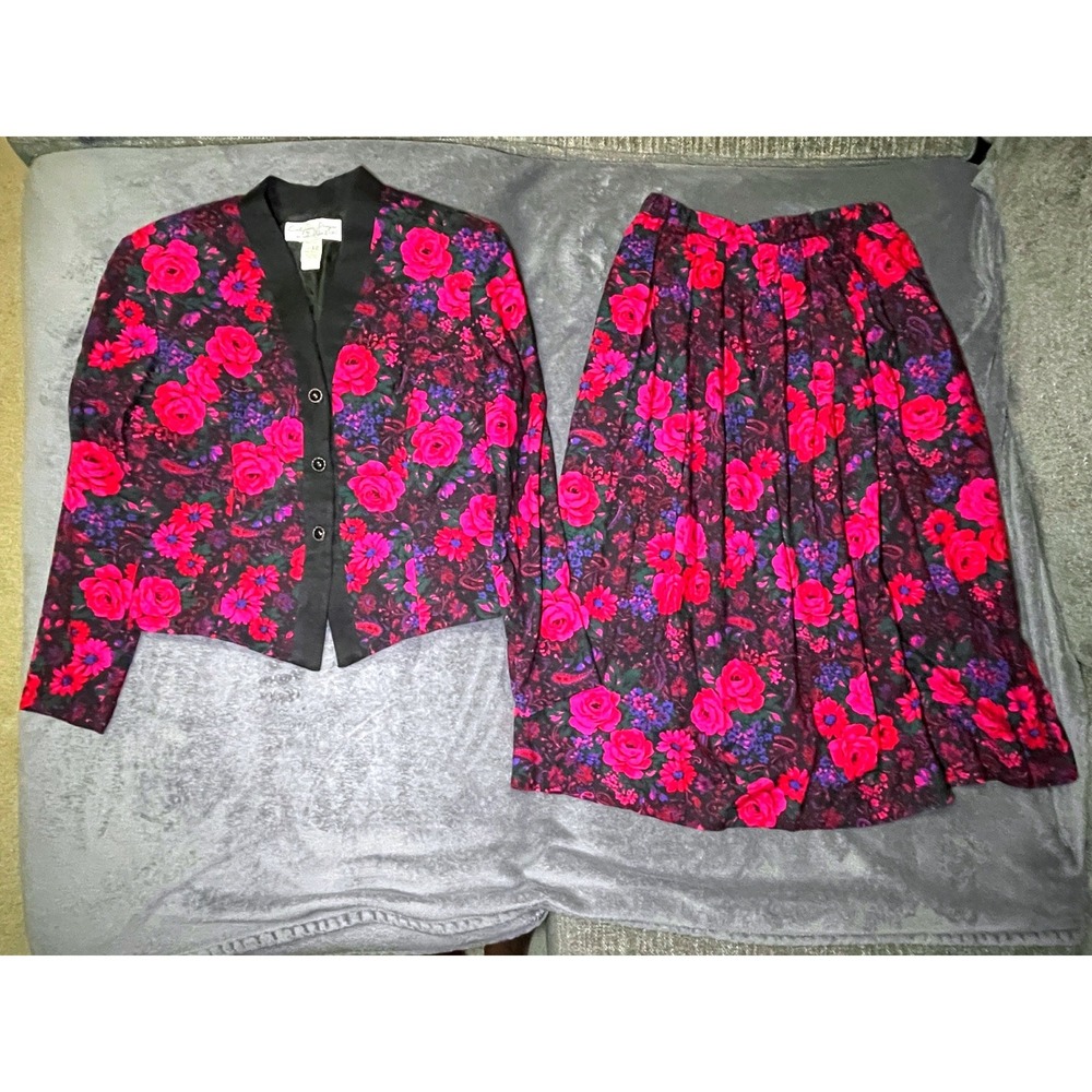 California Design Dorothy Samuel Skirt Set Womens 12 Floral Rayon 80s USA Made